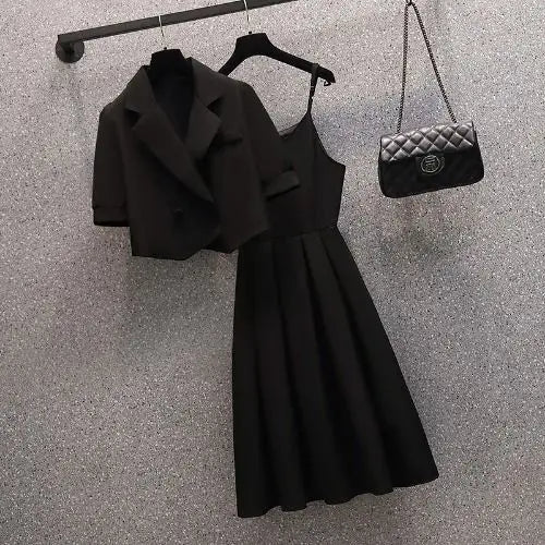 Maxy Spring and Summer New Large Women's Dress Korean Style Suit Top+fashionable Slip Dress Suit Is Slim and Fashionable