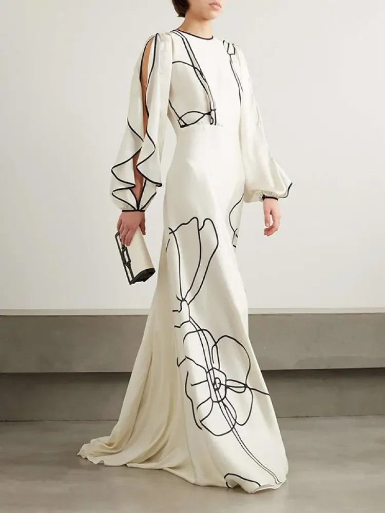 Maxy Yezzi Female British Style Flower Printed Party Evening Dresses New Spring Summer Ruffled Sleeve Falbala Elegant Prom Gown