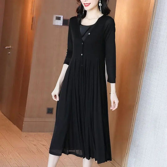 Maxy Casual Solid Color Patchwork Matching Sets Commute Single-breasted Spring Autumn Women's Clothing O-Neck Split Midi Dress Sets