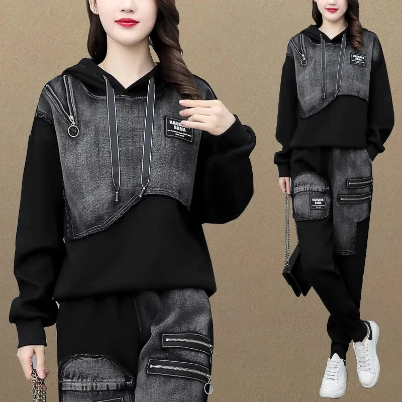 Babs Sportswear Set Women Spring and Autumn Fashion and Westernization Casual Slim Denim Sweatershirt Two Piece Suits Female