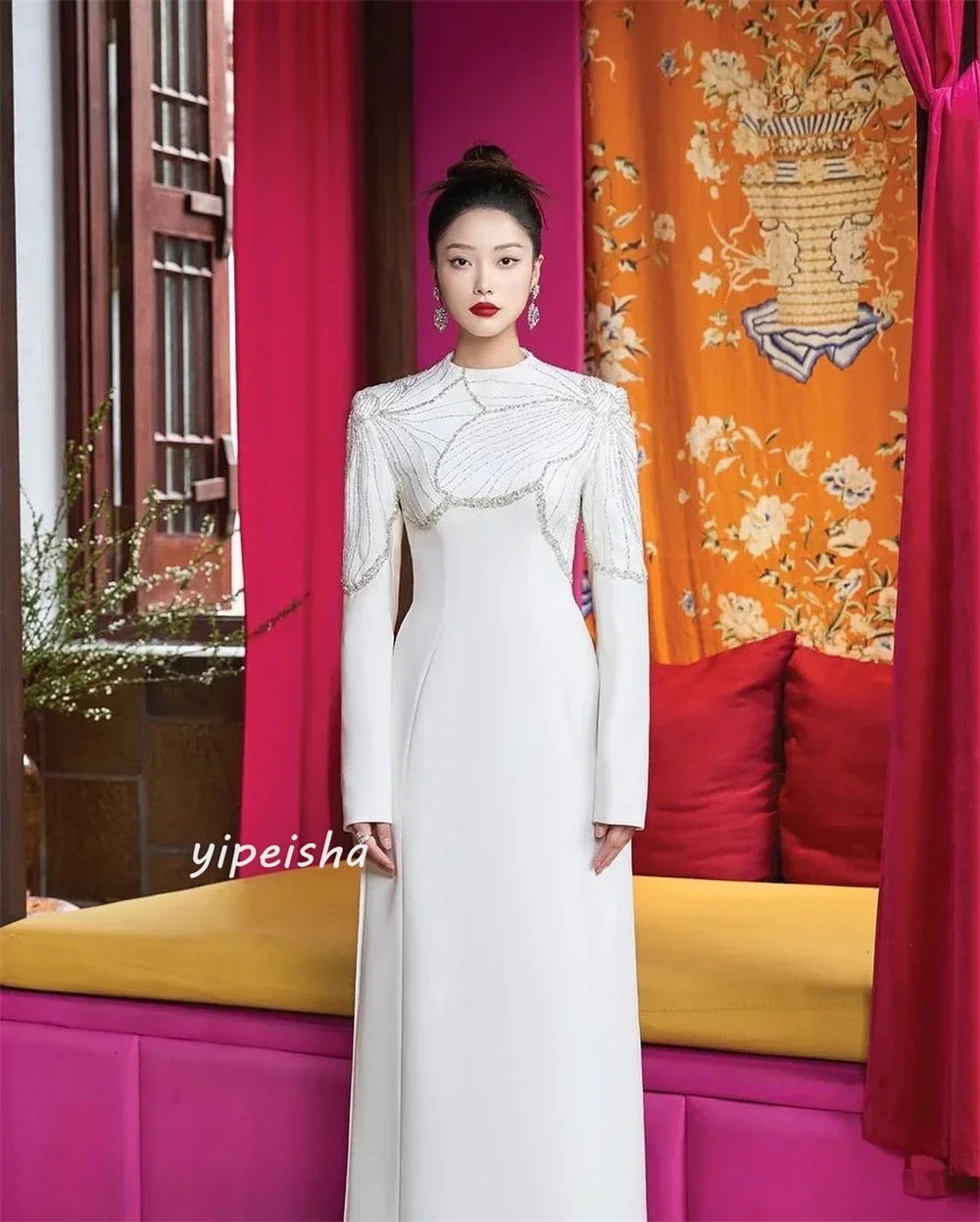 Maxy Customized Evening Jersey Rhinestone Beach A-line Scoop High Collar Neck Bespoke Gown Midi Es Sexy Casual Saudi Arabia for Women