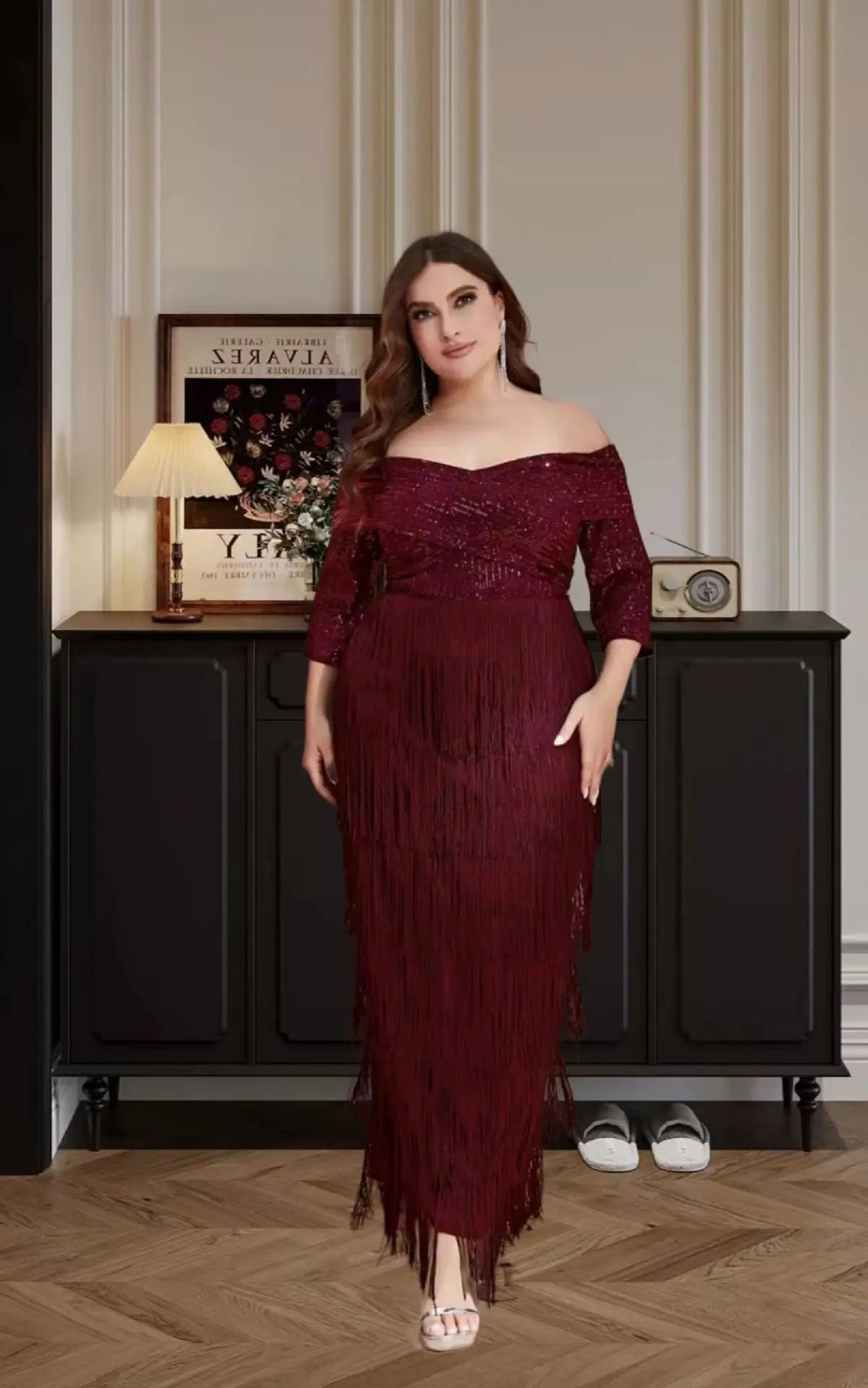 Maxy New Plus Size Women Dress Elegant Sequins One Shoulder Tassel Party Dresses Fashion Solid Color Layered Evening Dresses