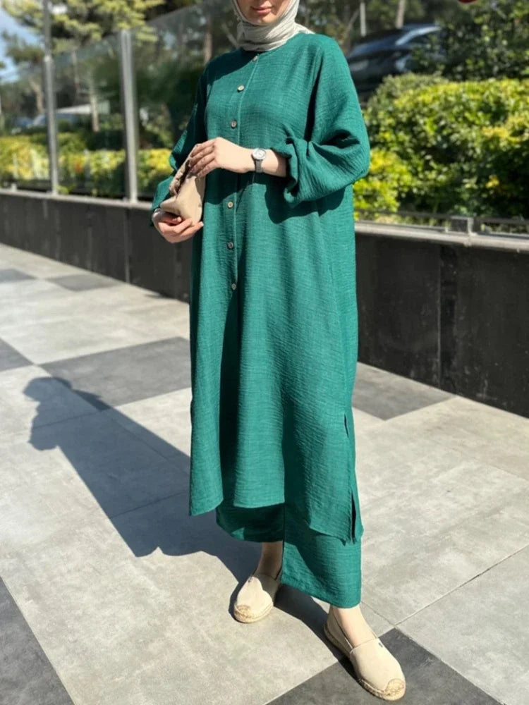 Maxy Muslim Dress for Women Blouse 2 Piece Set Long Sleeve Abaya Shirt Wide Leg Pant Suits Arabic Dubai Dresses Musulman Ensembles