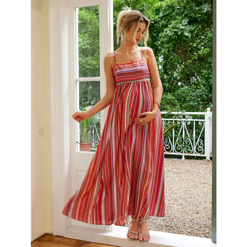 Bohemian Spaghetti Strap Colorful Striped Square Neck A-Line Long Maxi Dress Maternity  Casual Summer Beach Party