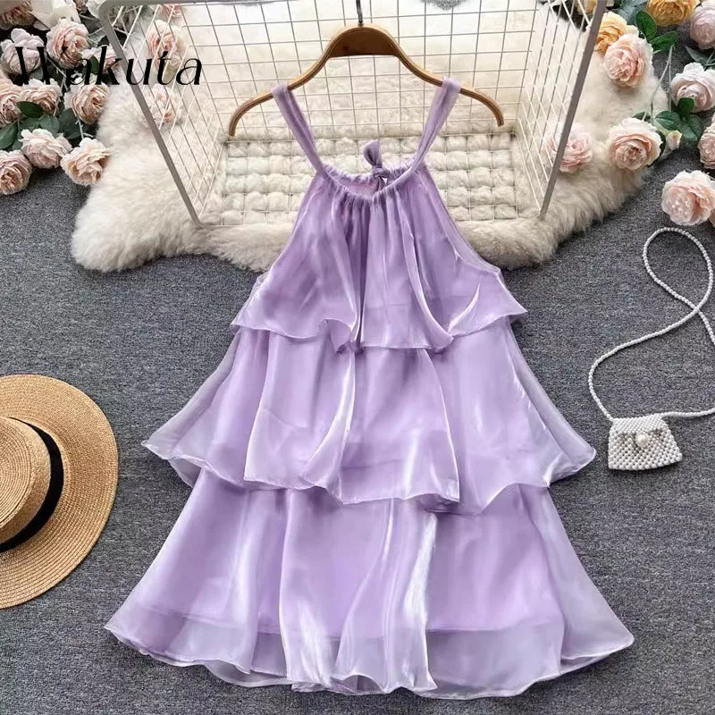 WAKUTA Summer Elegant Neck Hanging Sleeveless Ruffle Edge Dresses Casual Patchwork Ruffle Edge Sweet Cake Vestido Elegante Mujer