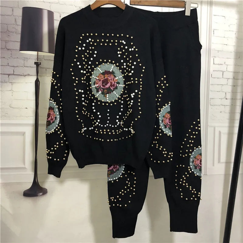 Maxy fashion brand diamond beading suits female woolen warm knit sweaters + rivet beading knit pants two pieces sets wq2384 factory