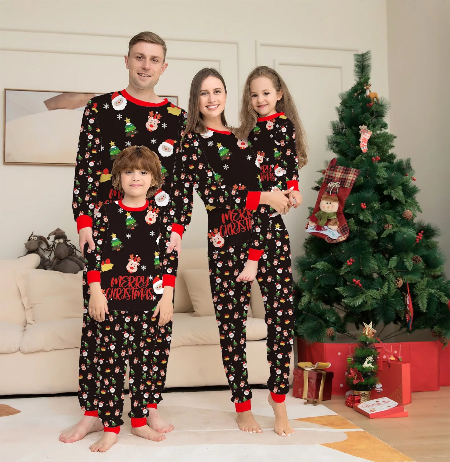 Xmas Family Matching Pajamas Set 2024 Christmas Deer Santa Print Pjs Adult Child Clothing Outfit set Baby Jumpsuit+Dog Clothes