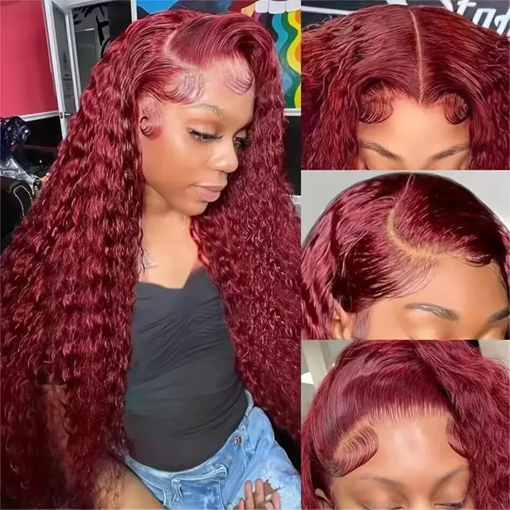 Maxy 46 Inch Deep Wave High Density 99j Burgundy 13x6 Lace Frontal Human Hair Curly Wig Red Colored 13x4 HD Lace Front Wig For Women