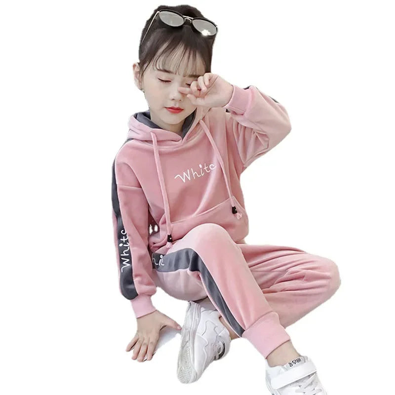 Maxy 2024 winter girl's tracksuit Autumn Toddler Teenager Clothes Plauche velvet sweatshirt hoodie + striped Pant Children Kid 12 year