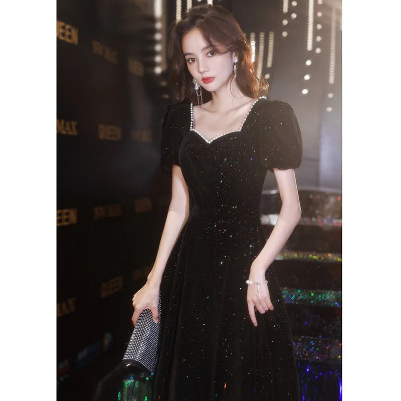 Maxy Fashion black evening dress 2024 new temperament annual meeting student art test dress elegant celebrity banquet