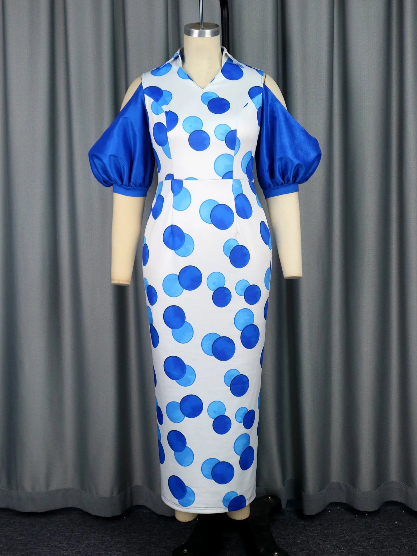 Babs Blue Bodycon Dresses V Neck Cut Out Lantern Sleeve Blue Polka Dot Patchwork Ankle Length Evening Event Party Gowns Dress