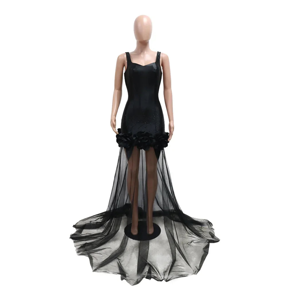 Maxy Diamonds 3D Flower Mesh See Through Women Sleeveless Bodycon Long Dress Birthday Party Evening Prom Maxy Mermaid Dresses