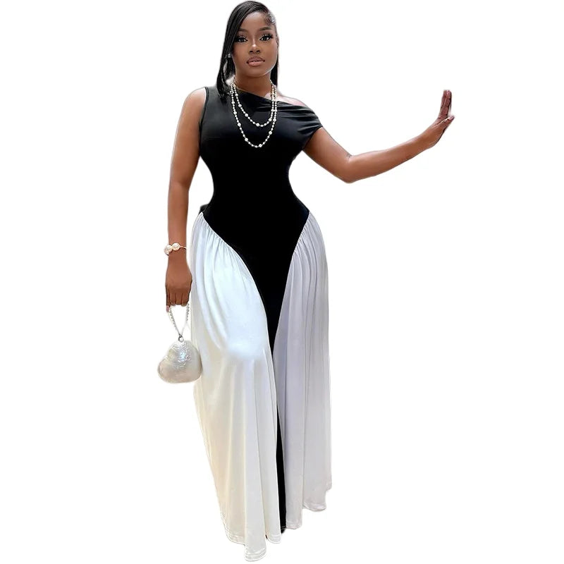 Maxy Women's Black and White Color Spliced Irregular Dress, Diagonal Collar, Short Sleeve, High Waist, Sexy