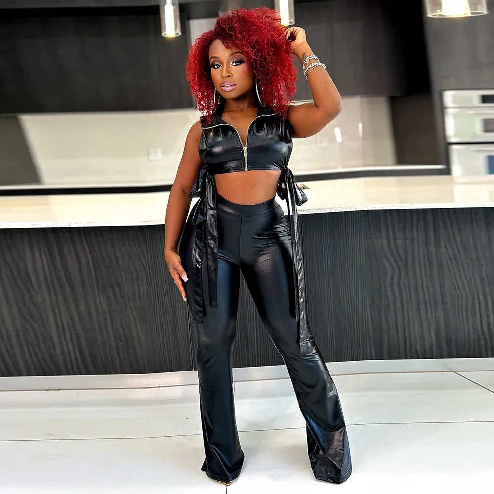 Maxy Women Metallic Gilding Slim Hipster 2 Piece Set Side Hollow Out Bandage Zipper Short Vest Flare Pants Casual Streetwear Outfits