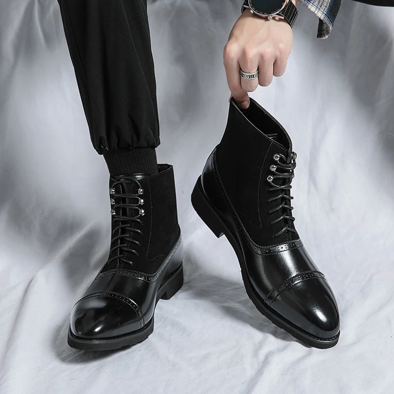Amay Chelsea Men's Winter Dress Business Formal Casual Brogue Italian Designer Shoes Black Split Leather Ankle Boots Footwear For Men