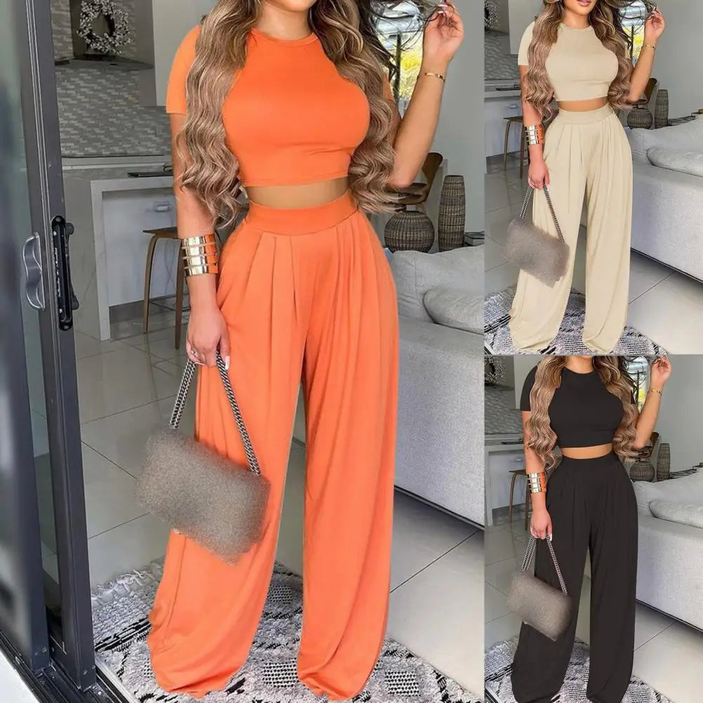 Maxy Summer Elegant Women Solid Casual Fitness Tracksuit Set Outfits Short Sleeve Crop Tops Trouser Flare Pants 2 Two Piece Set