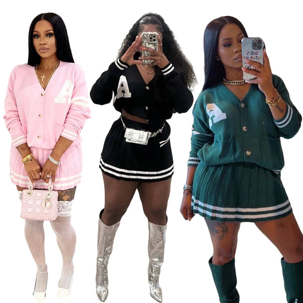 Maxy Knit Pleated Sweater Skirts 2 Two Piece Set Trendy Women Clothing Striped Letter Button Cardigan With Matching Mini Skirt Sets
