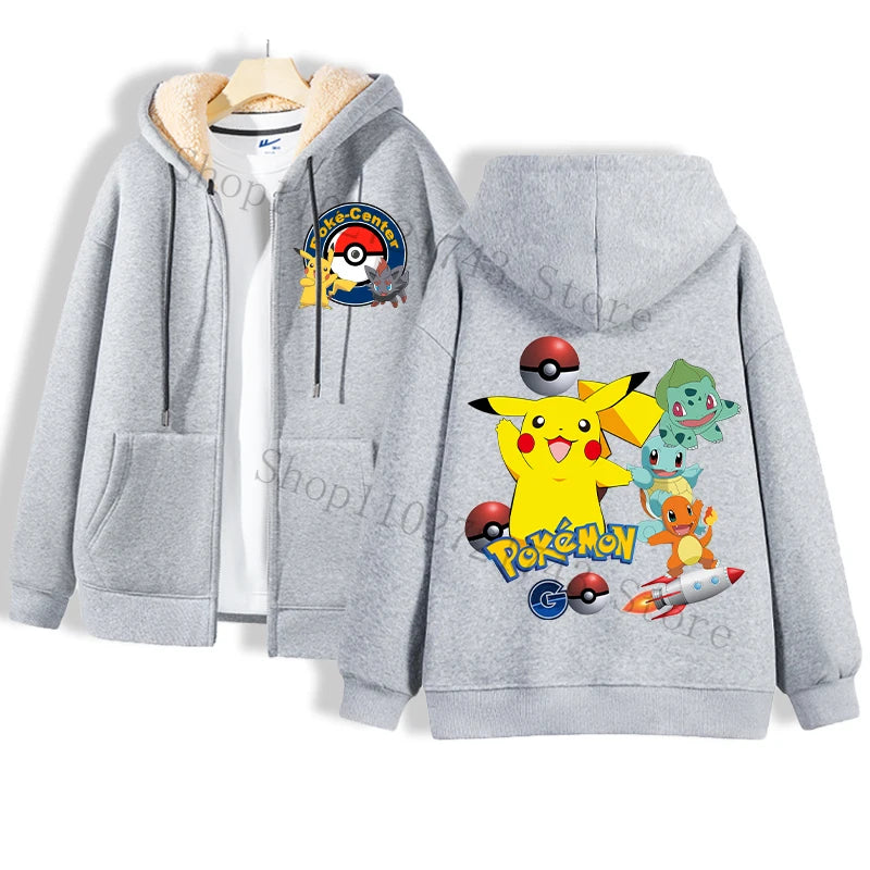 Maxy Pokémon Lamb Wool Coat for Men Women Pikachu Anime Cartoon Fashion Zipper Hooded Jacket Boys Girls Winter Warm Hip Hop Coats