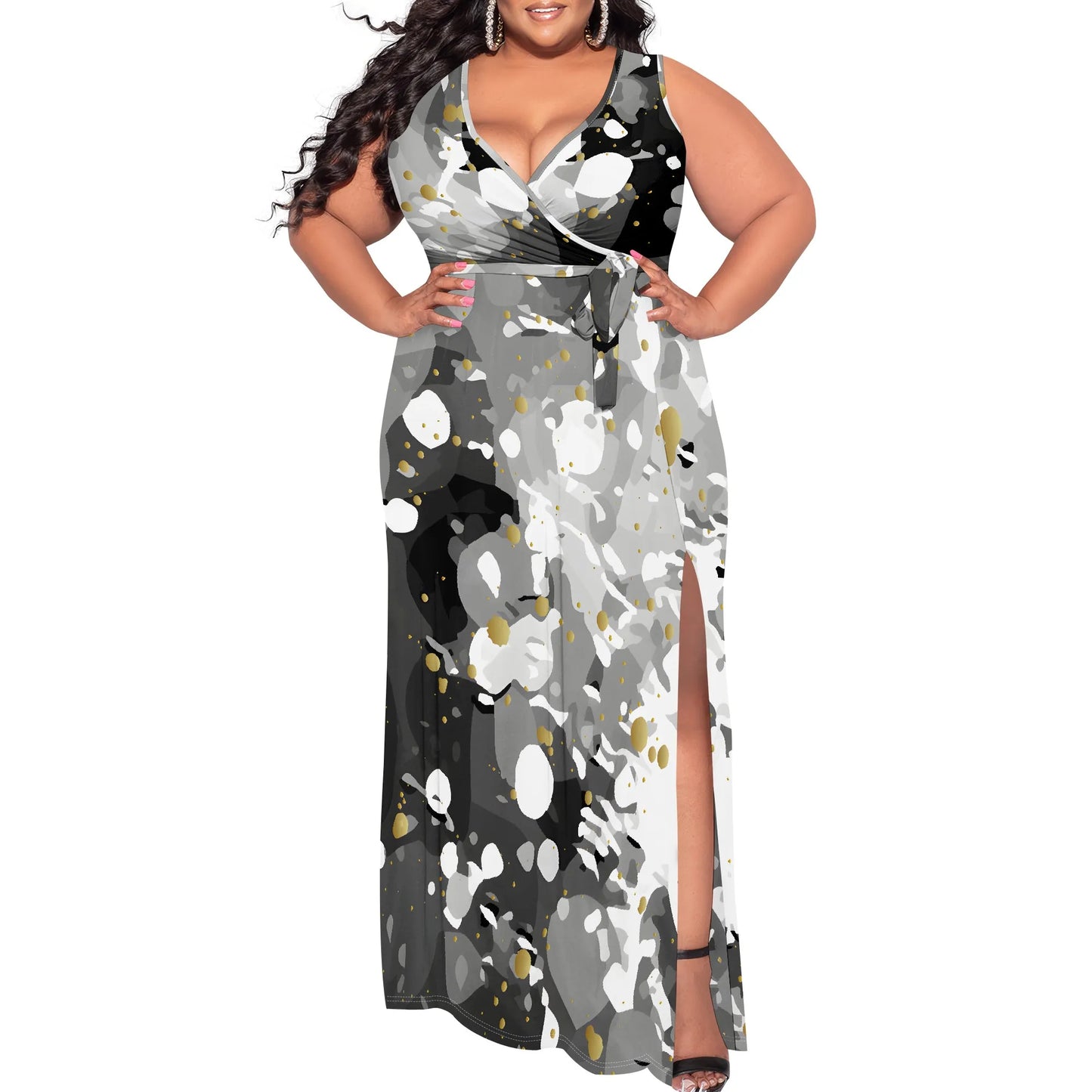 Maxy Plus Size Women's Sexy Casual Dresses for Curvy Women 3D Printed halterneck V Neckline Short Sleeve Loose High Vent Maxy Dress