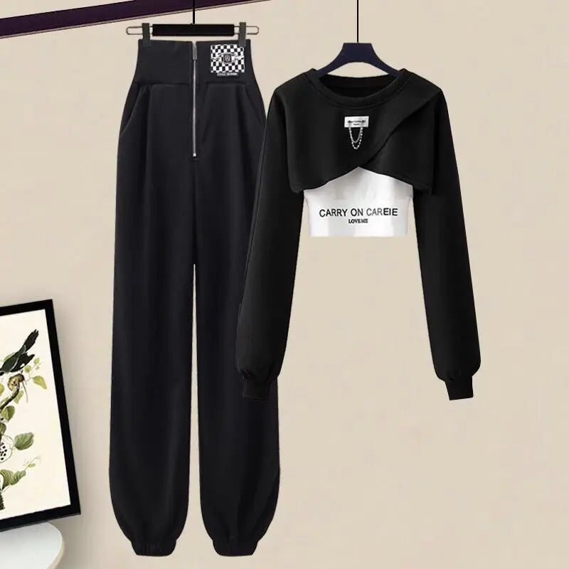Maxy Korean Elegant Sportswear Suit Women's Spring Autumn Fashion Short Sweater+Suspenders+Pants Three Piece Female Tracksuit Set