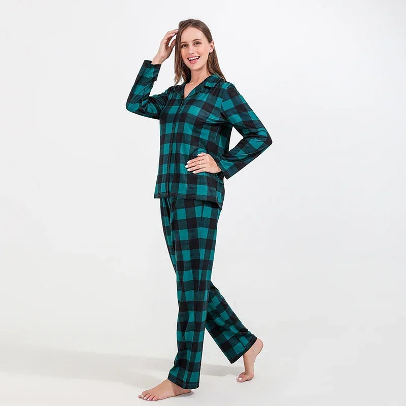 Maxy Family Look Plaid Print Long Sleeve Shirt Trousers 2 Pieces Suit Home wear Christmas Matching Pajamas Set Warm Soft Pjs