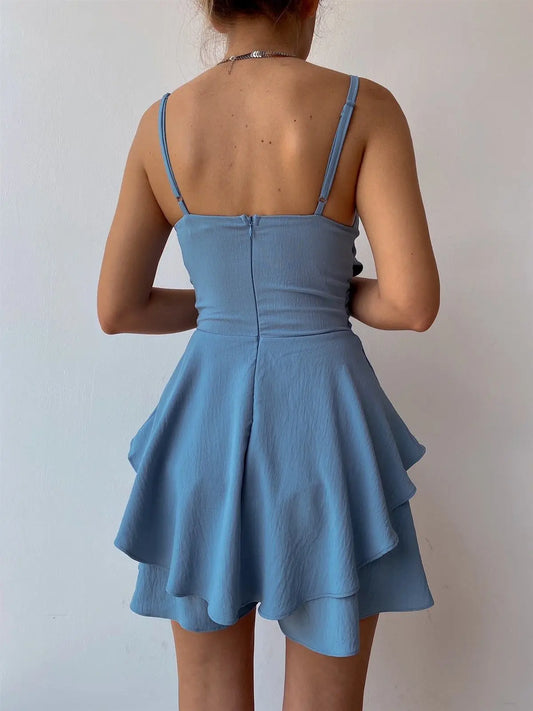 Amay Slim Suspender Strap Sexy Jumpsuits Y2k Solid Ruffles Rompers Summer Casual Threaded Slip Playsuits Female Elegant Clothes Dress
