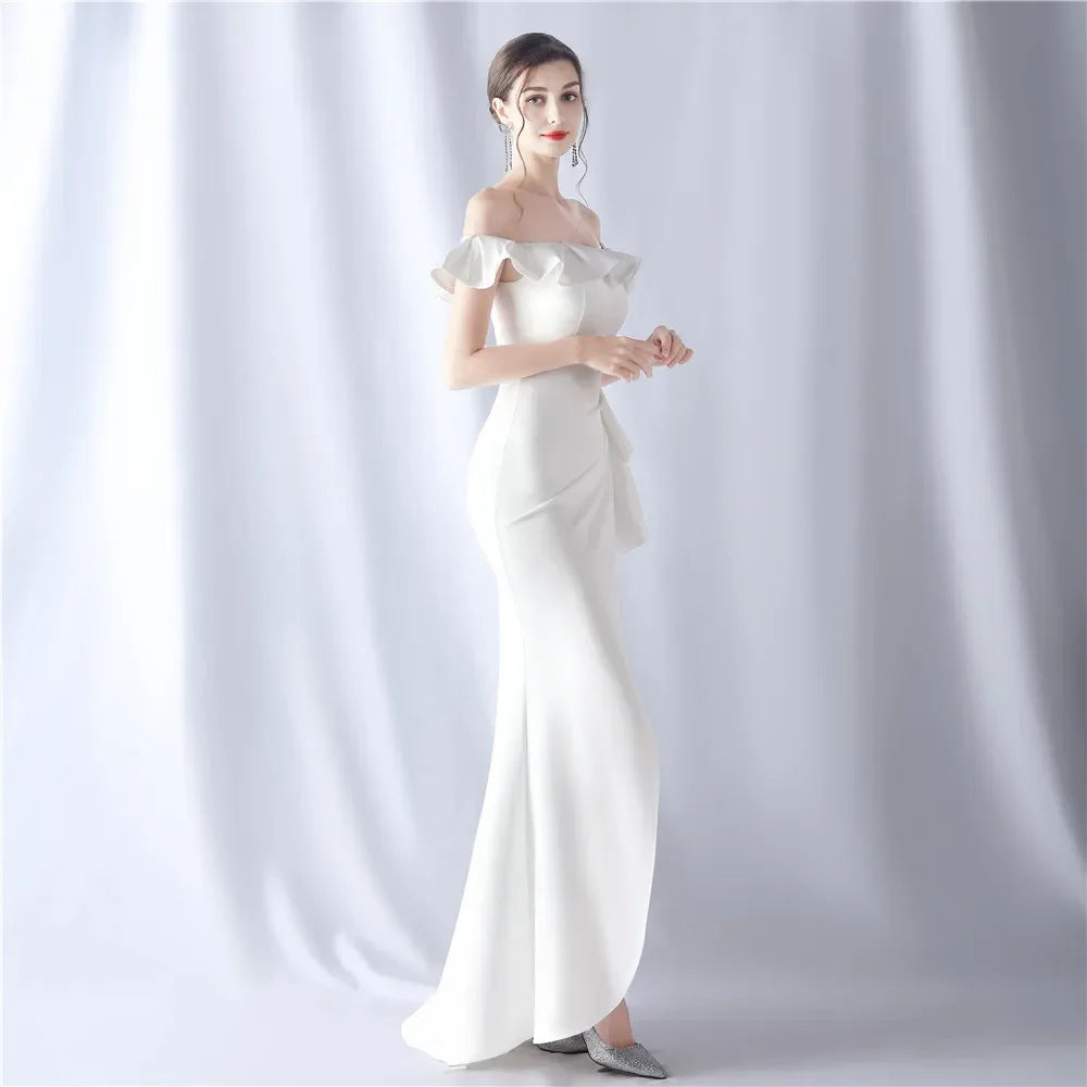 Maxy Evening Dresses White Stretchy Off the Shoulder Ruffles Zipper Back Mermaid Trumpet Floor Length Women Party Formal Gowns YE037