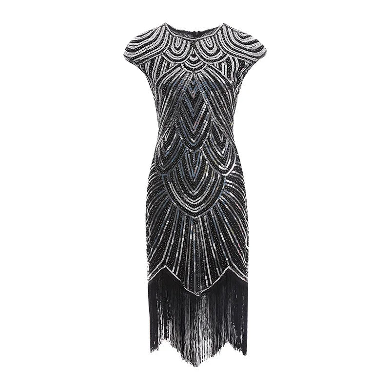 Maxy Vintage Glitter Evening Party Dress For Women Sequin Bead Embroidery Tassel Prom Gown Gala Dress Summer Art Deco Retro Black