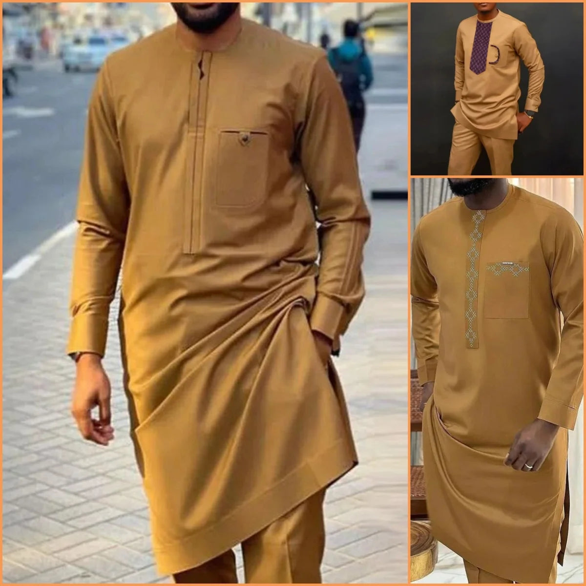 Maxy New African Traditional Men's Set Round Neck Long Sleeve Yellow Luxury Two Piece Dashiki Wedding Party Festival Men's Suit