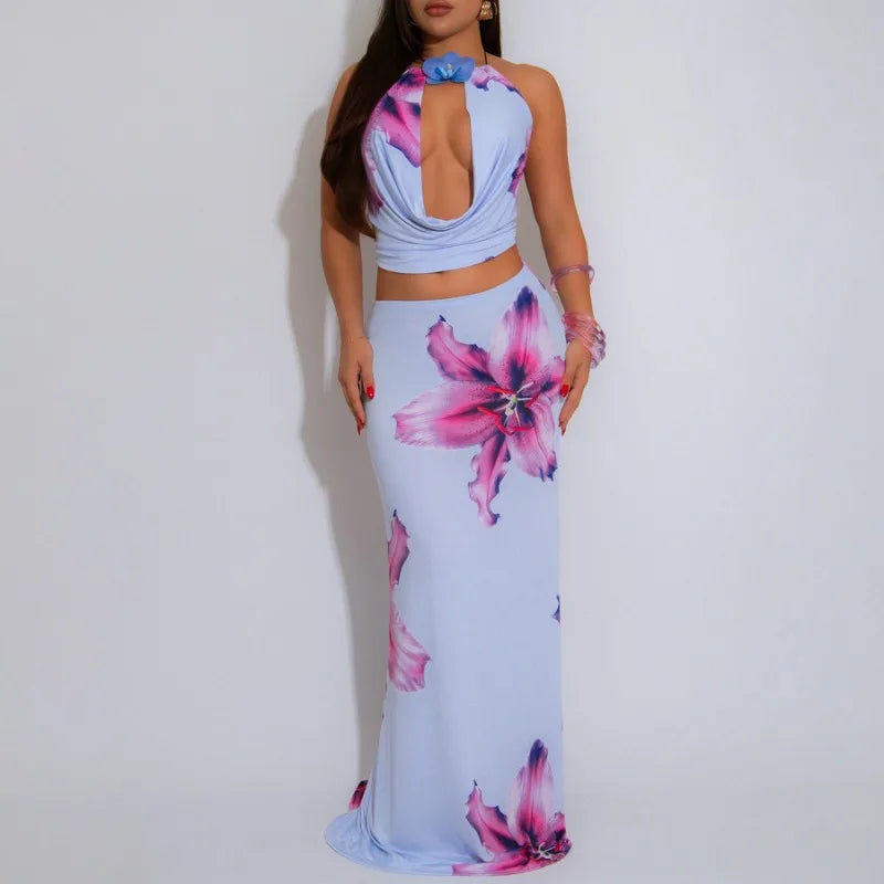 Maxy Floral Printed Street Women's Set U-Neck Crop Tops and Bodycon Long Skirts Suit Summer Birthday Holiday Two 2 Piece Set