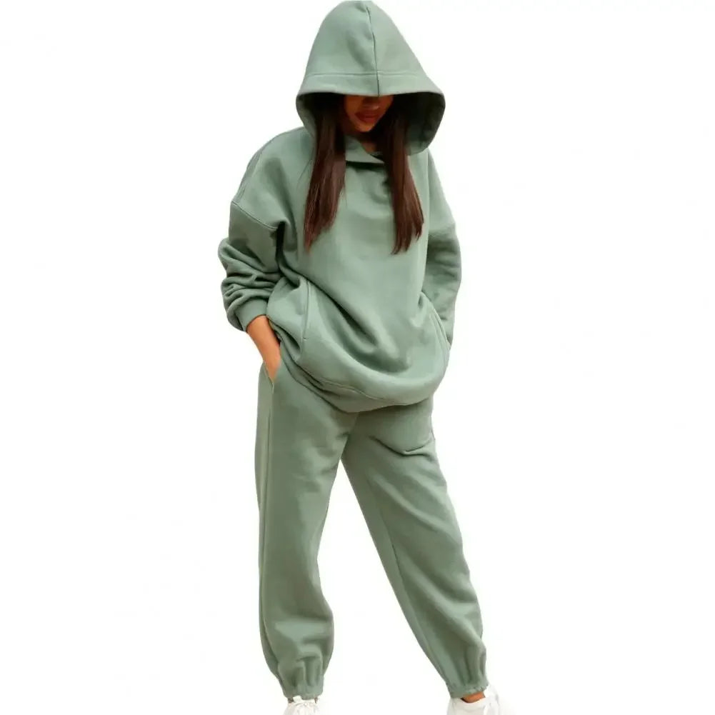 Maxy Winter Tracksuit Women Two Piece Set Solid Warm Suits Hoodies Sweatpants Oversized Pullovers Long Pant Sportswear