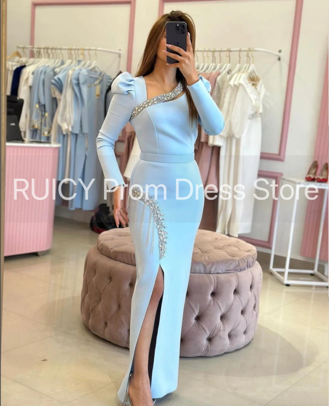 2025 Baby Blue Prom Dresses Long Sleeve Mermaid Crystal Slit Elegant Wedding Guest Party Dress gala Turkey Women Birthday Gown