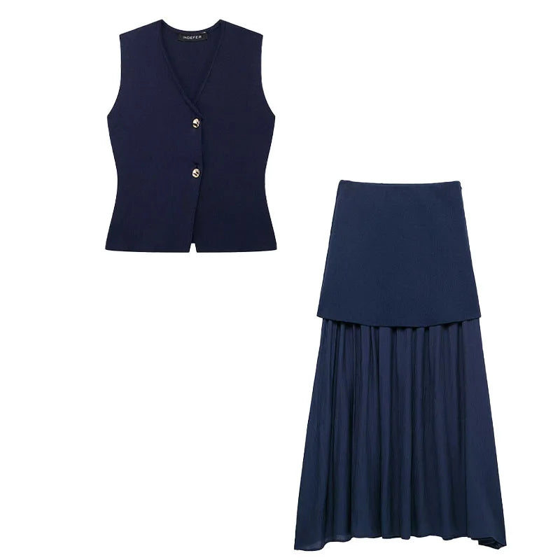 TRAFZA Women 2 Piece Set V-Neck Sleeveless Button Knitted Vest Top+Elegant Splicing High Waist Zipper Long Skirts Holiday Suits