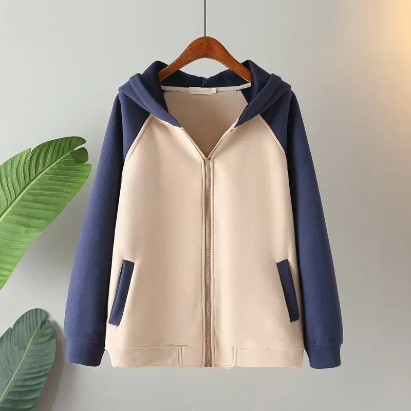 Maxy Plus Size Women's Clothing Autumn Winter Hoodies &Sweatshirts Hooded Long Sleeves Mixed color Warm Sweatshirt With Fleece Inside