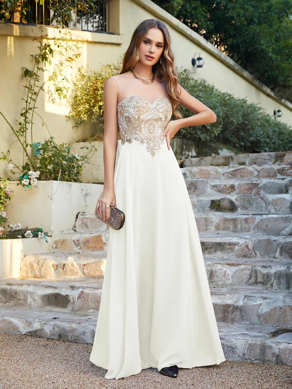 Maxy BABYONLINE Wedding Party Dress Long Lace Chiffon Evening Dresses Illusion A-line Sweetheart Beaded Elegant Formal Prom Gowns