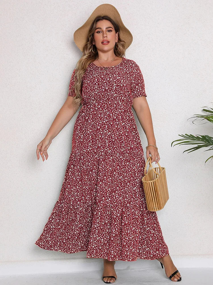Gacy Plus Size O-Neck Ditsy Floral Ruffle Hem Dress Women Summer Short-sleeved Vacation Bohemian Beach Maxy Long Dresses