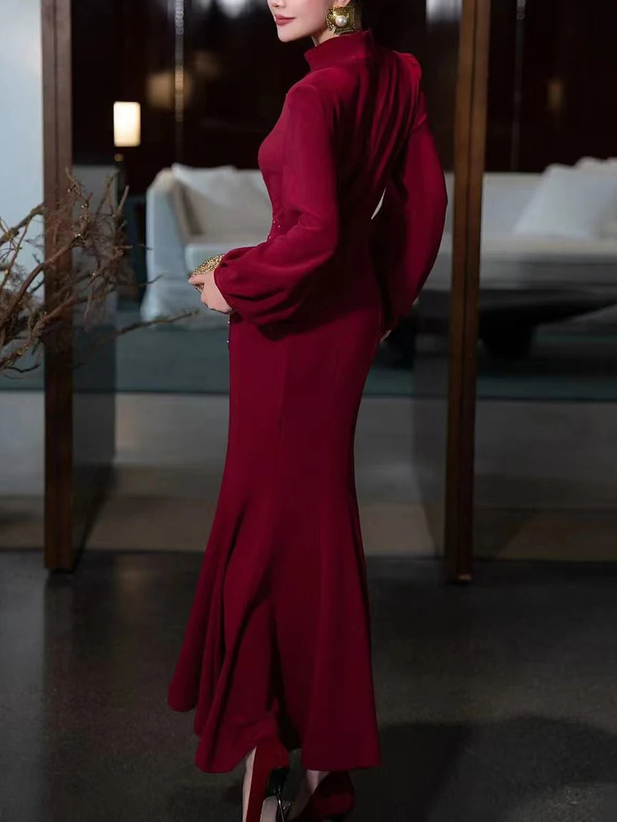 Amay Retro Solid Patchwork Rivet Dress for Women Stand Collar Hollow Out Lantern Sleeve High Waist Split Long Dresses Female