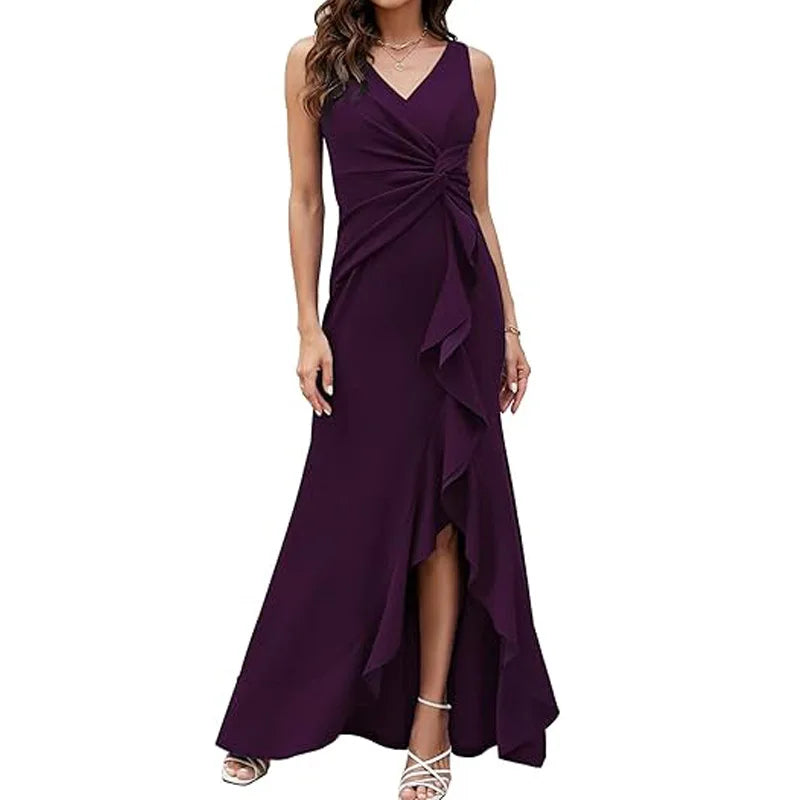 Maxy Elegant V-Neck Party Maxy Dress Women Fashion Sleeveless Ruffle Split Gown Prom Dress Ladies Slim Fit Tie Up Bodycon Gala Dress