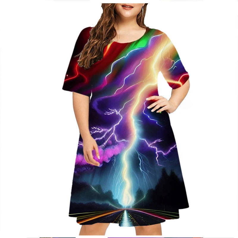 Maxy Thunder Lightning Pattern Women Dress Short Sleeve O-Neck Tie Dye 3D Print Summer Dress Plus Size Ladies Casual Loose Dress 6XL