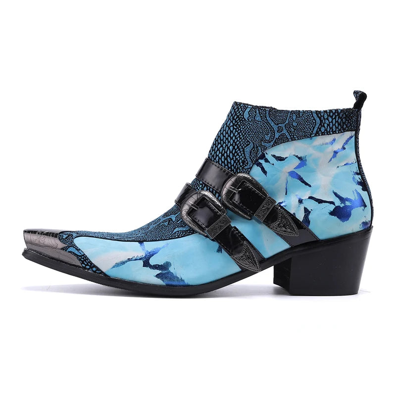 Amay Handmade Luxury Genuine Leather Men Boots Blue Snake Skin Italian Business Dress Formal Shoes Double Buckle Cowboy Ankle Boots