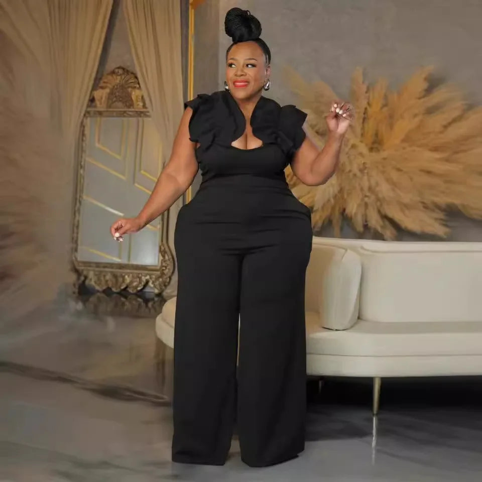 Plus Size 5XL Mercygrace Lace Elastic Slim Fit Wide Leg Jumpsuit Urban Fashion Party Elegant Solid Color Women's Clothing
