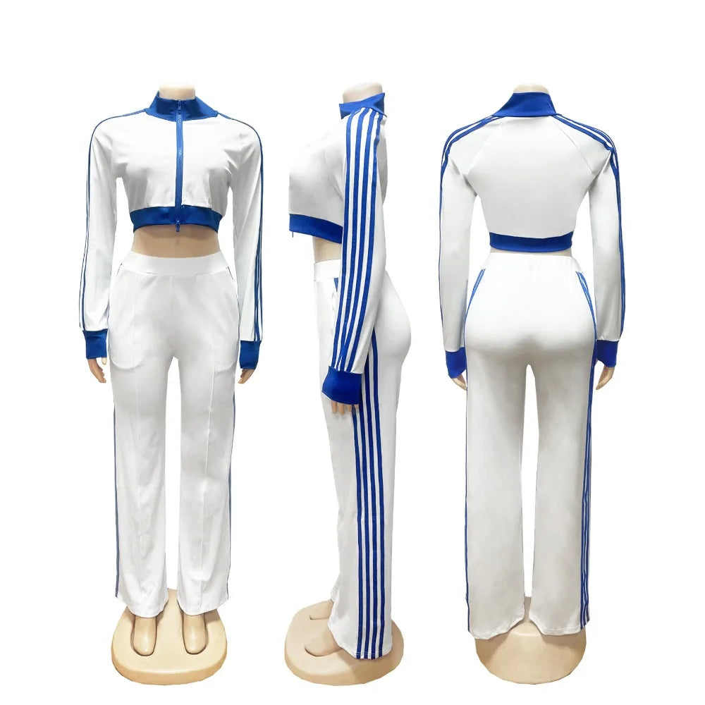Maxy HLJ Autumn New Patchwork Sporty Two Piece Sets Women Zipper Long Sleeve Crop Top And Pants Outfits Fashion Stripe 2pcs Tracksuit