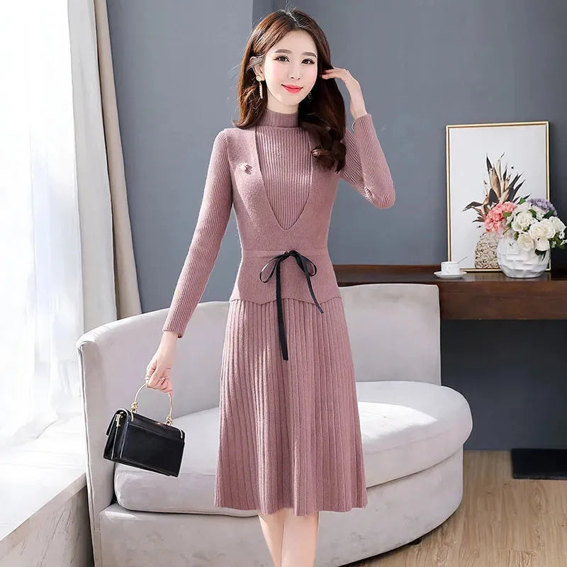 Maxy New Fashion Autumn Winter Women Long Sweater Dress Pullovers Warm Knitted Pullover Dresses + Sweaters Vest Two Pieces Set