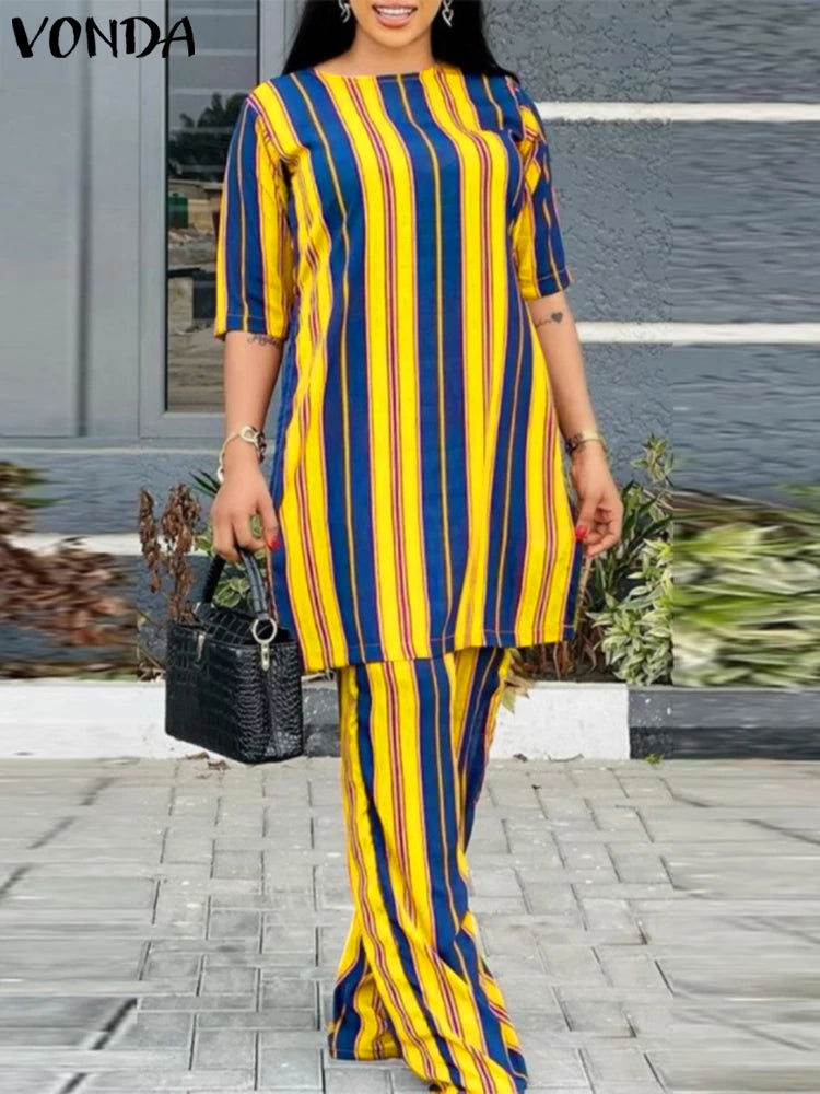 Maxy Women Pants Sets Summer Matching Sets Vintage Striped Suits Casual Loose Half Sleeve Tops and Pants Oversized