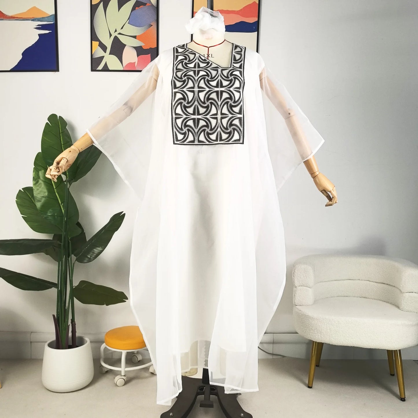 Amay Attire For Women White Abaya Embroidery Plus Size Elegant Party Church Dress With Scarf