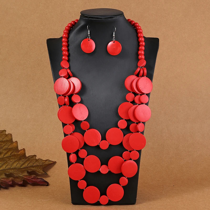 Amay Wedding Party Dress Wooden Beads Necklace Earring Jewelry Sets For Women
