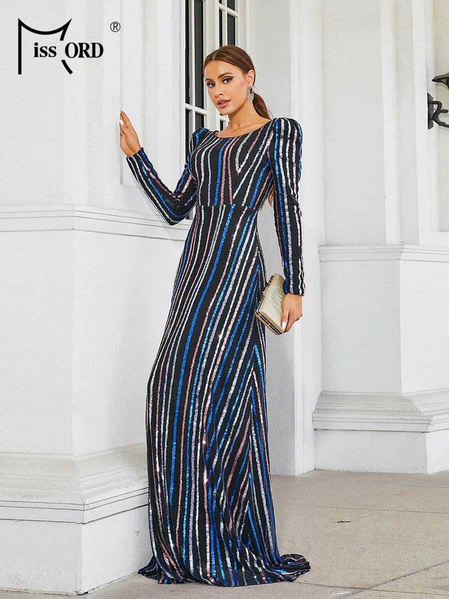 Missord 2024 New Round Neck Long Sleeved Striped Sequin Evening Wedding Birthday Party Maxi Dress