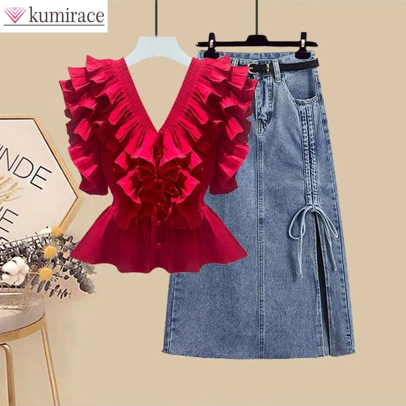 Maxy Spring/Summer Set Women's New Korean Style Western Versatile Top with Waist Wrap to Show Slim Denim Skirt Two-piece Set