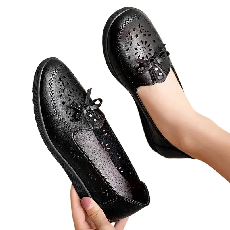 Maxy Women Flats Summer Women Genuine Leather Shoes With Low Heels Slip On Casual Flat Shoes Women Loafers Soft Nurse Ballerina Shoes