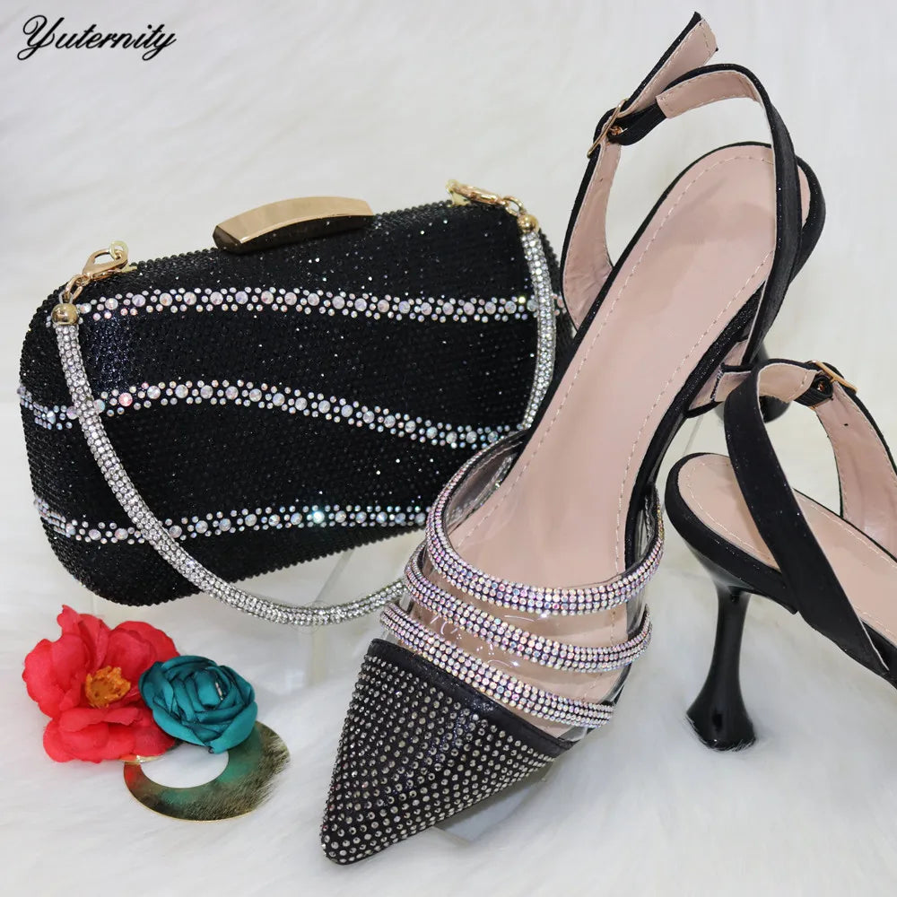 Maxy Summer Elegant Ladies Sandals Shoes and Bag Set Italian Rhinestone High Heels Shoes with Bags Nigerian Women Party Shoes